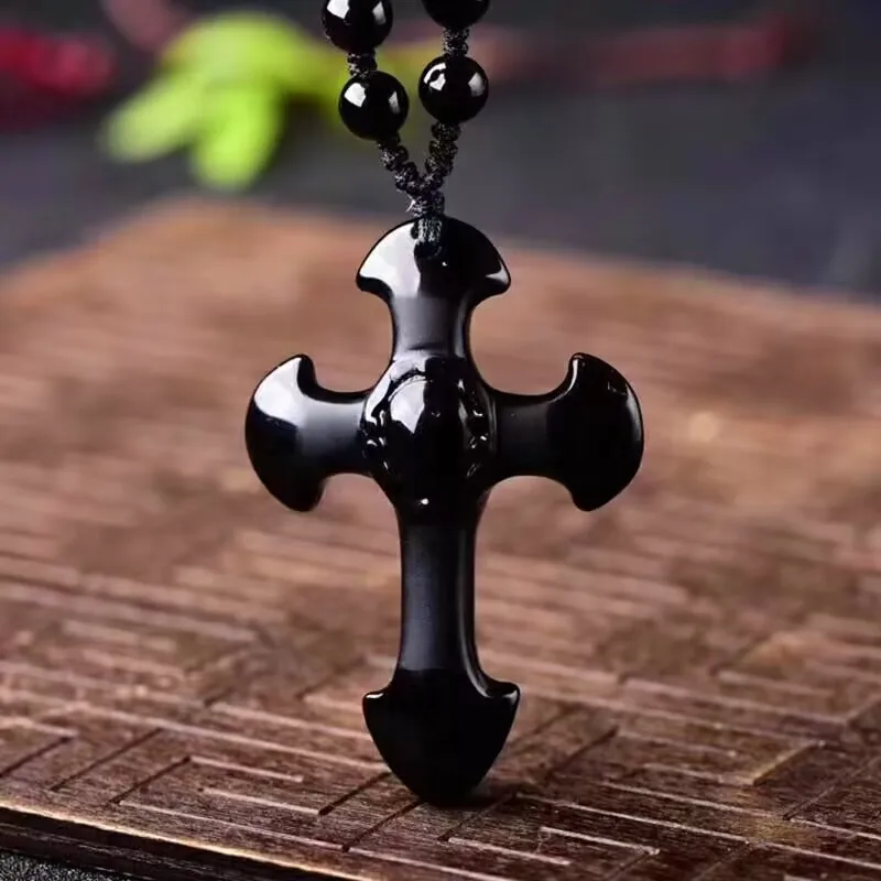 

Vintage Gothic Black Cross Pendant Necklace Natural Obsidian Punk Jewelry Men Ladies Necklace Jesus Pendant Fashion Jewelry Gift