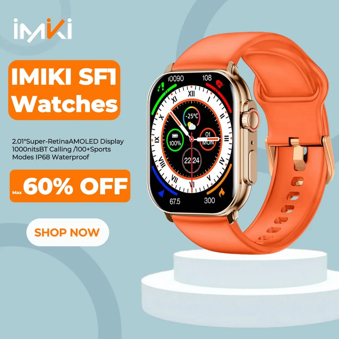 

Smart Watch IMIKI SF1 Men Women 2.01"Super-Retina AMOLED Display 1000nits BT Calling 100+ Sport Modes IP68 Waterproof Smartwatch