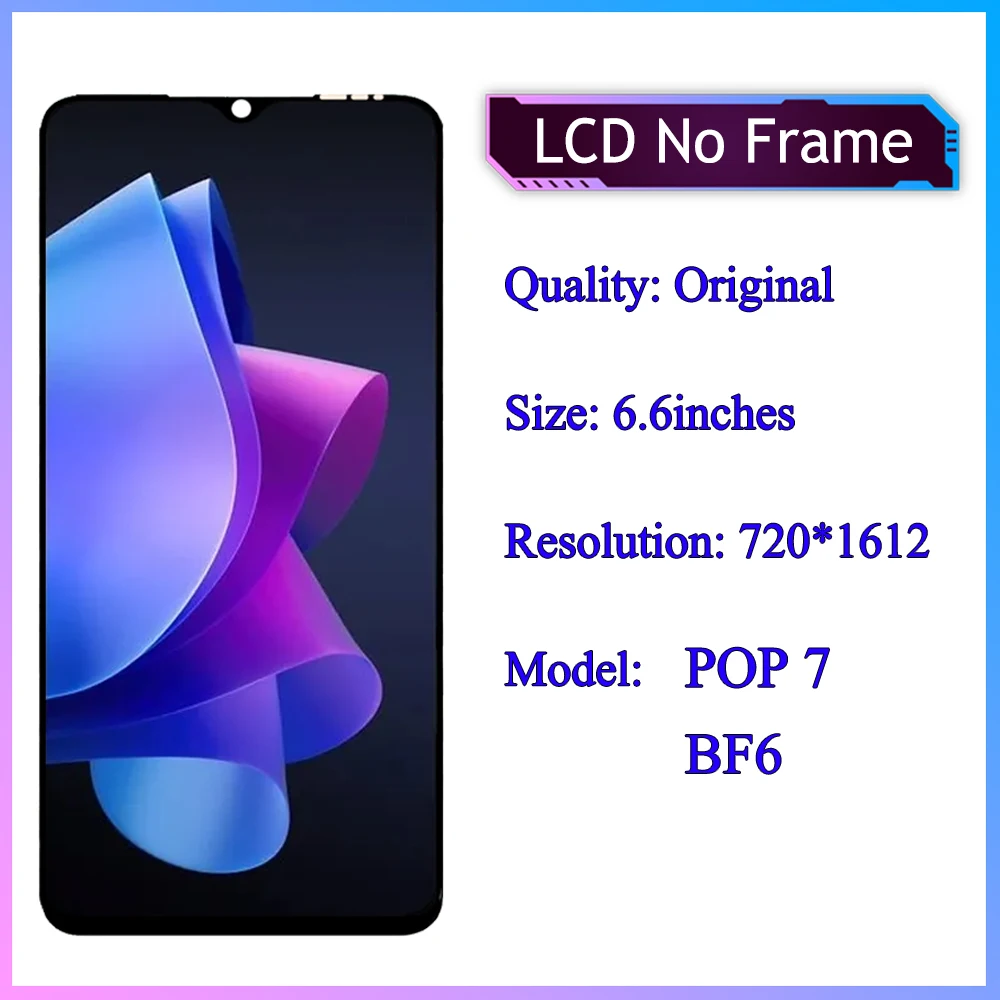 قطع غيار أصلية 6.6 بوصة لـ Tecno Pop 7 BF6 LCD تعمل باللمس وتجميع رقمي لأجزاء استبدال LCD Tecno POP7