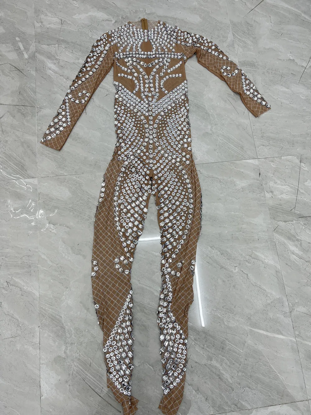 Nude Skinny Rhinestones Jumpsuit Bar Concert Leotard Singer Performance Dance Costume Sexy Stage Wear Birthday Celebrate Outfit