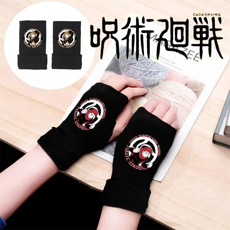 Kawaii Cartoon Satoru Gojo Half Finger Gloves Anime Jujutsu Kaisen Figures Printed Winter Warmth Knitted Fingerless Gloves Gift