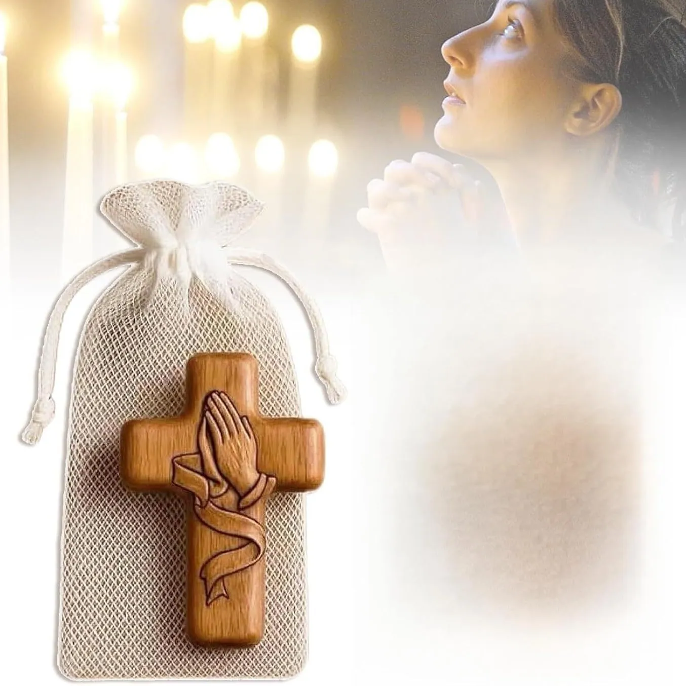 Wooden Prayer Cross with Praying Hands Pocket Mini Christian Faith Gift for Comfort Encouragement