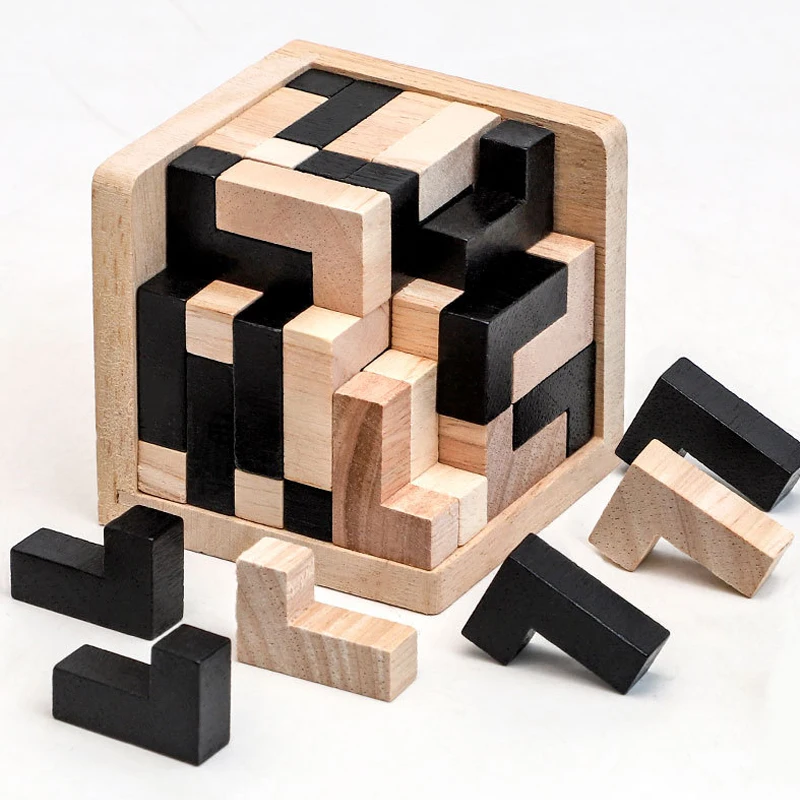 L-Shape Jigsaw Logic Puzzle Cube Wooden Brain Teaser for Adults Kids IQ Challenge Intellectual Gifts Eductional Toys