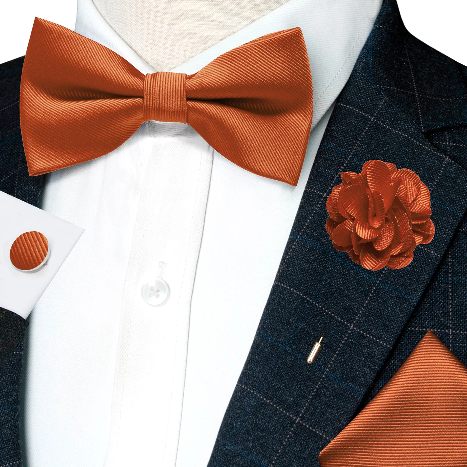 Hochzeits-Fliege für Herren, einfarbig rosa, vorgebundene Fliege, Einstecktuch, Manschettenknöpfe, Corsage-Set, Party, Business, Seiden-Schmetterlingsknoten, Geschenk – Detail 25