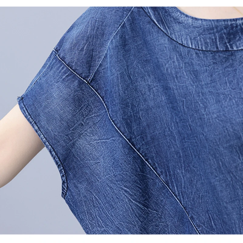 Summer Casual Thin Denim Two-piece Set For Women T-shirt Tops And Harem Pants Female Large Size Blue Loose Soft Matching Suits