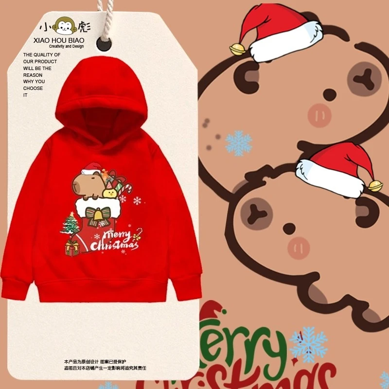 

Autumn and winter children's cute Capybara joint Christmas hooded print sweatshirt boys and girls outdoor comfortable pullover
