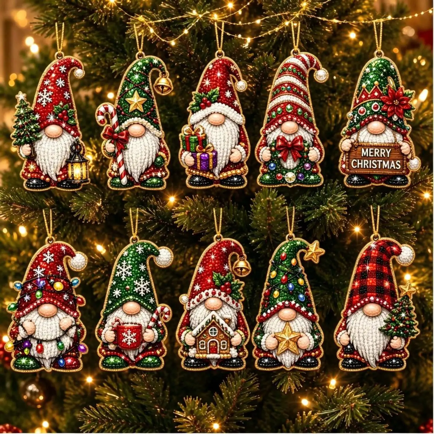 10 PCS Christmas Pearl Diamond Painting Hanging Ornament Kit For Adults, DIY Handmade Rhinestone Gemstone 2D Flat Frameless Diamond Art Pendants, Xmas Tree Window Wall Home Holiday Decor, Beginner‑Friendly Craft Gift For Craft Lovers