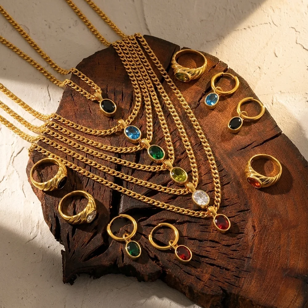 Mehrfarbige Ovale Zirkon-Anhänger-Halskette und Ohrringe für Damen, Vintage Edelstahl Vergoldete Croissant-Ringe, Party-Schmuck