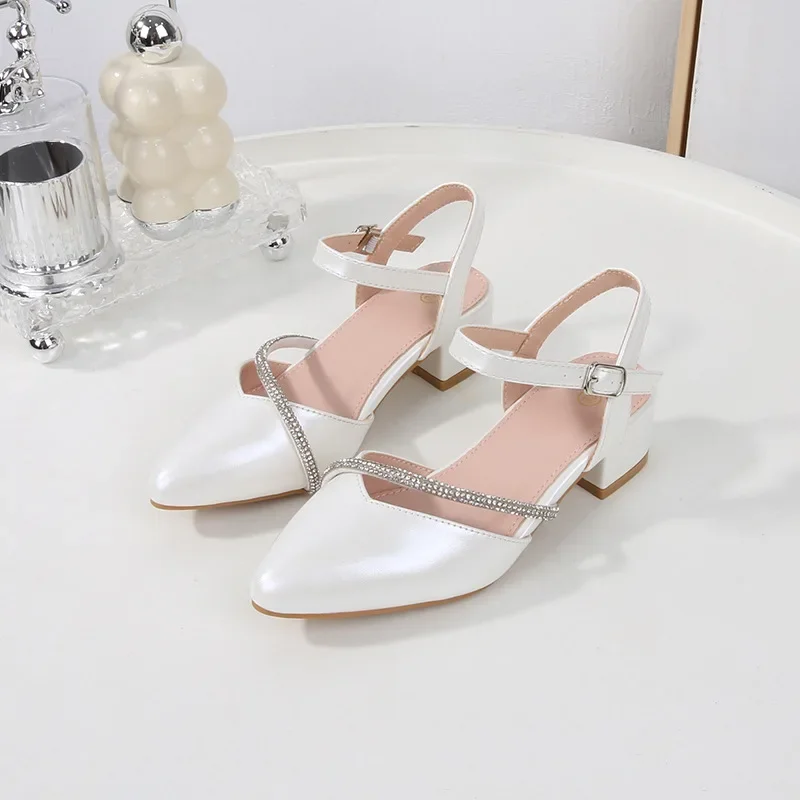 Girls' High Heels Sandals Fashion Rhinestone Pointed Toe Children's Princess Shoes Rubber Soles Non Slip Casual Sandals