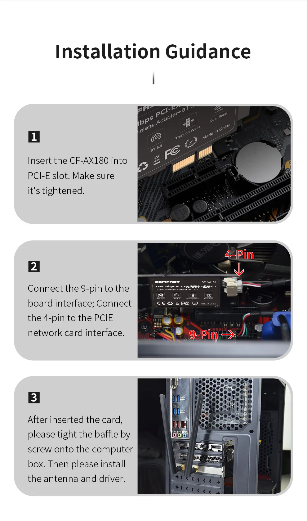 Adaptador COMFAST WIFI6 PCIE 1800M BT5.2 Gaming PCI-E Placa de rede 2.4G/5G Adaptador de placa de rede sem fio de mesa para Win10/11