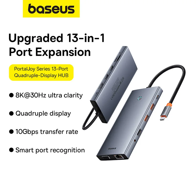 Baseus 8K@30Hz USB HUB Type C to DP HDMI-compatible 13-In-1 4K 60Hz 120Hz RJ45 VGA Converter PD 100W USB 3.0 2.0 For Macbook PC