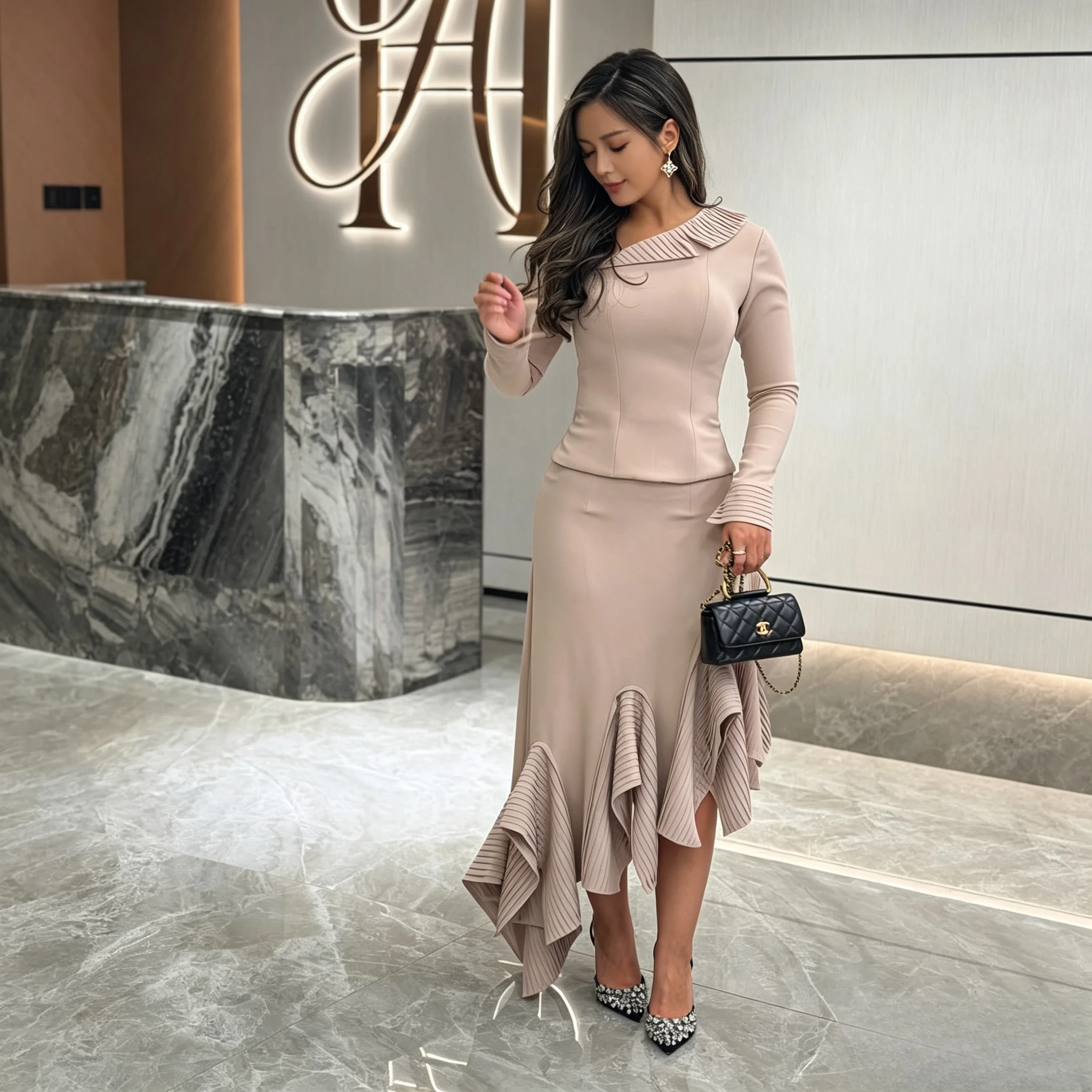 Customized Formal Outfit Asymmetric Pleated Lapel Long Sleeve Fitted Top Irregular Ruffle High Low Hem Midi Skirt