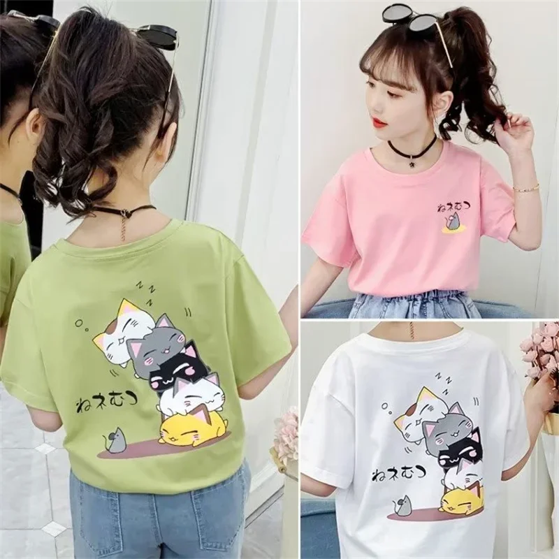 Summer Fashion Children's Clothing Cute Cat Print T shirt Boys and Girls Clothing Short Sleeve Top 100%Cotton Children's Tees