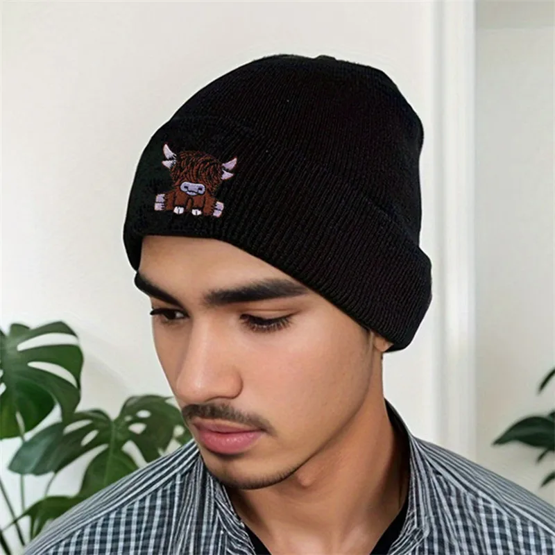 Unisex-Mütze mit Highland-Kuh-Stickerei, weiche warme Strickmütze für den Herbst und Winter – Detail 4
