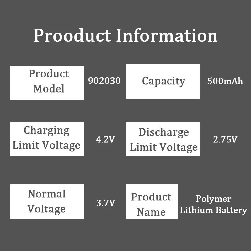 Polymer 902030 3.7V 500mAh Lithium Ion Rechargeable Battery for LED Lights Bluetooth Speakers MP3 MP4 MP5 Selfie Stick