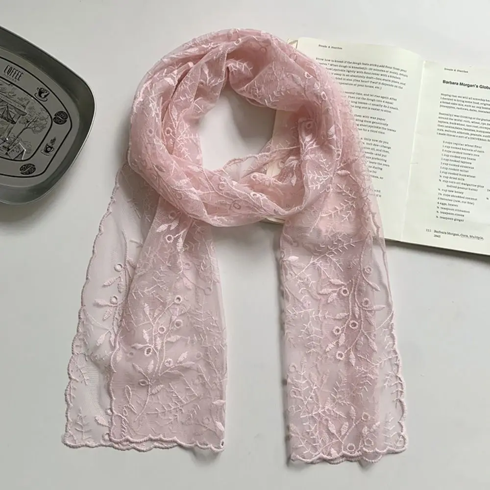 

Casual Embroidered Flower Lace Scarf Breathable Mesh Long Sunscreen Shawl Lightweight Silk Scarf Spring