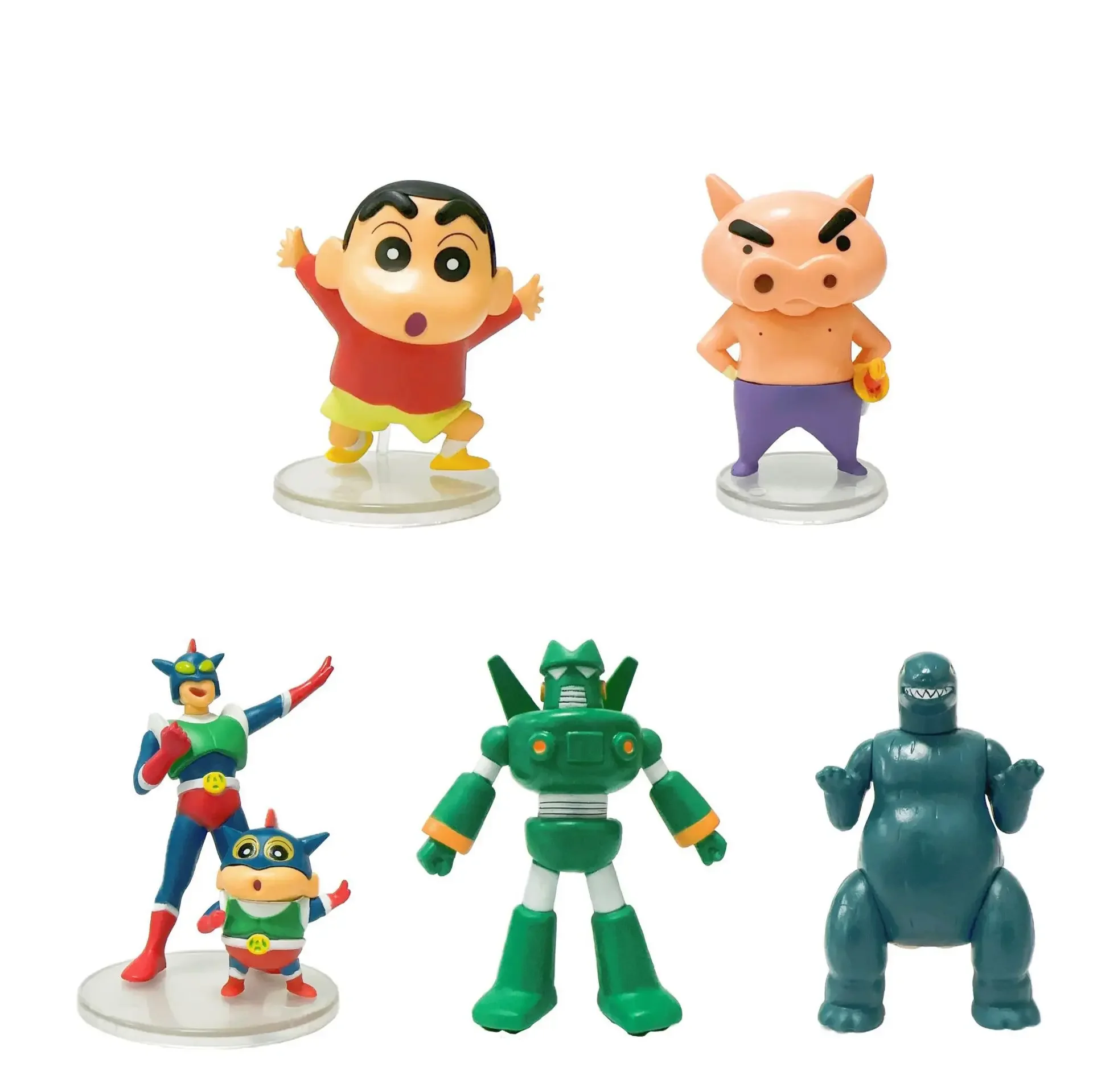 5 Crayon Shin chan figurines, Nohara Shinnosuke, Funny Dinosaur, Dynamic Superman Robot Doll Model Decorations