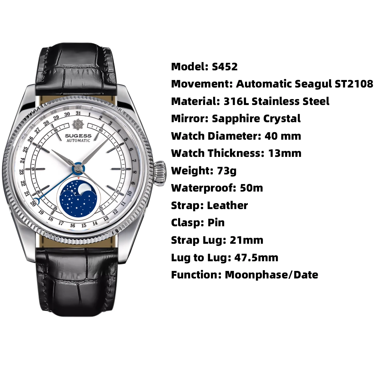 Sugess 40mm Mens Watch Automatic Mechanical Original ST2108 Movement MoonPhase Water Resistant Wristwatches Sapphire Crystal New