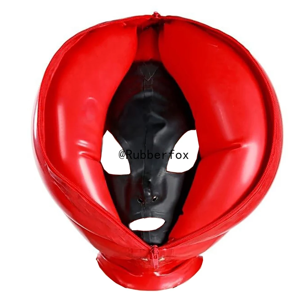 

Customized Red Black Latex Mask Rubber Cocoon Head Outer Inflatable Double Layers Cosplay Hood Props