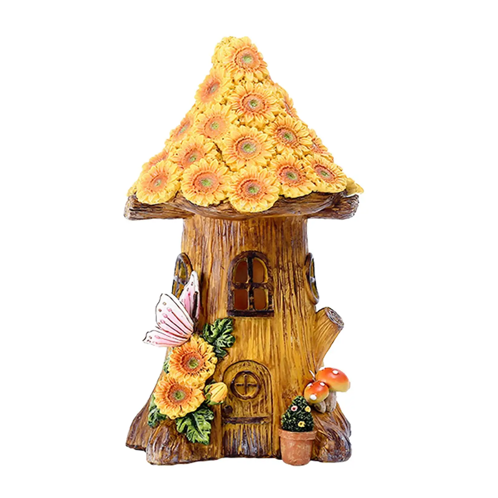 Resin Sunflower Cabin Statue Solar Garden Light Figurine for Outdoor Patio Backyard Decor Gift