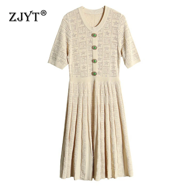 

ZJYT Summer Hollow Out Knitting Sweater Dresses for Women Fashion Short Sleeve Buttons Knitted Dress Aline Casual Party Vestidos