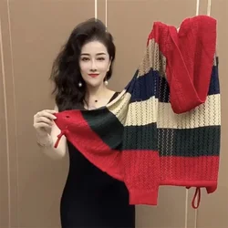 Cappotto lavorato a maglia con cappuccio a righe arcobaleno da donna coreana 2023 autunno nuovo stile occidentale maglione Cardigan a età ridotta maglione a righe vuote femminile