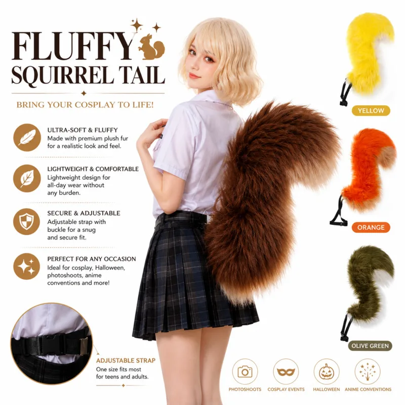Halloween Adjustable Wearable Oversized Gradient Fluffy Faux Fur Squirrel Tail Prop Furry Cosplay Comic Con Party Costume Gift