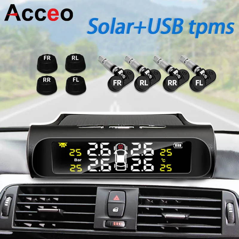 ACCEO Solar TPMS Car Tire Monitor Tire Pressure Sensor Android Monitoring systeem Security Alarm System Wireless Teyes Tool  Car