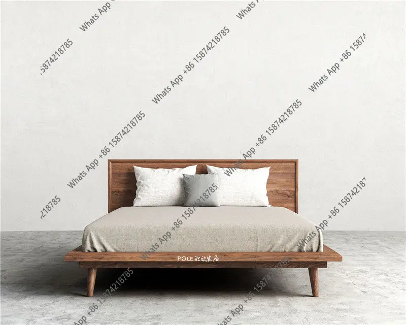 B Nordic Home Black Walnut Double Bed American Country Flat Bed Japanese Pure Solid Wood Bed Nordic Hard Minimalist Italian Mi