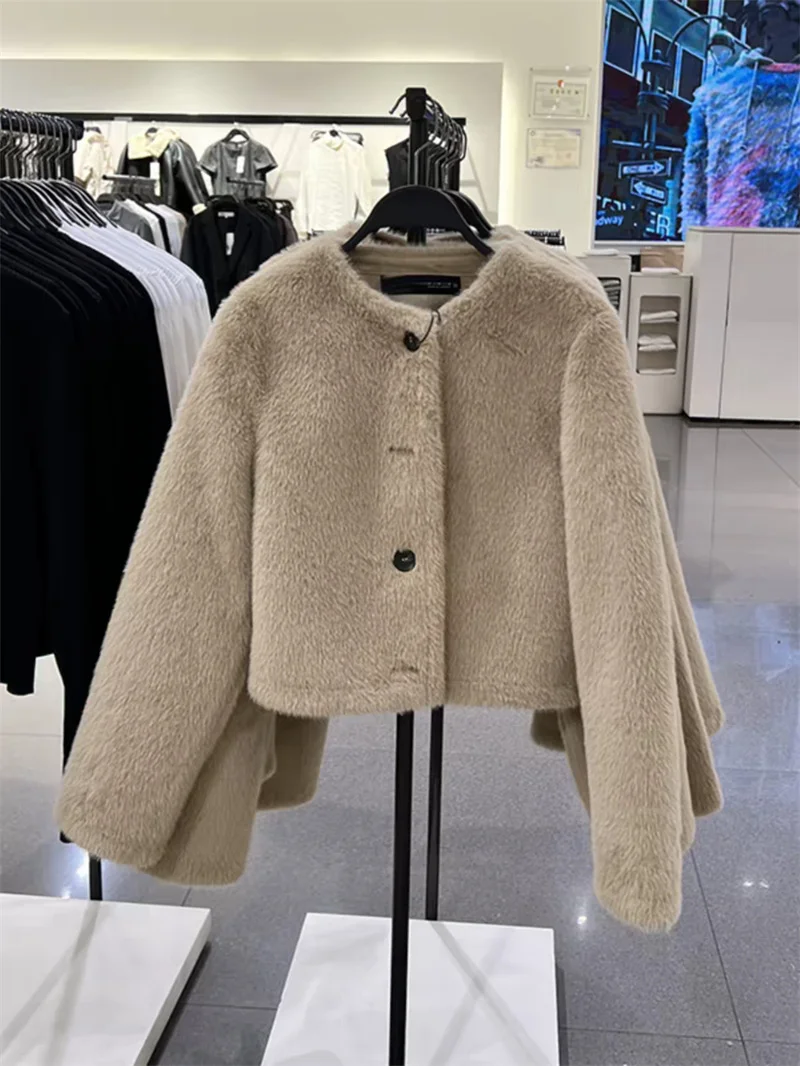 Guobioziy Women's Coat 2026 Winter New Arrival Fashionable and Versatile Round Neck Button Detail Faux Fur Effect Short Jacket