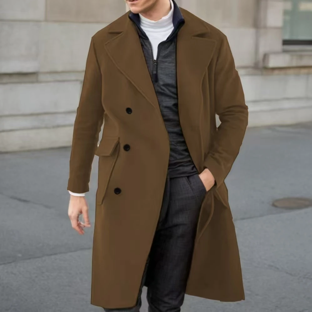 Men's Trench Coat with Notched Lapel Double-breasted Warm Winter Jacket Comfortable Customizable Outerwear