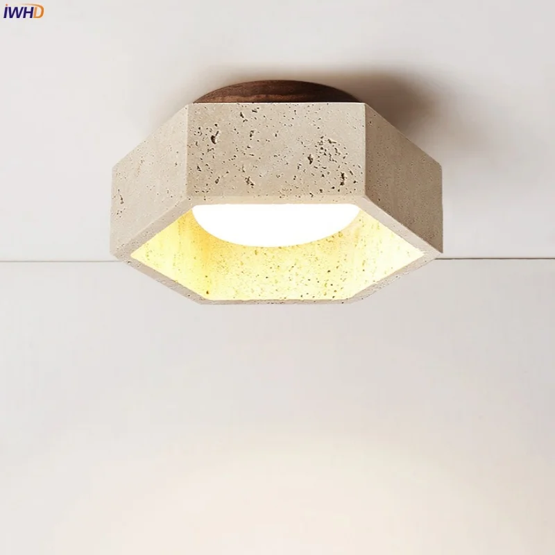 

IWHD Hexagonal Stone LED Ceiling Lamps Living Room Kitchen Yellow Travertine Nordic Minimalism Ceiling Lights Lampara De Techo