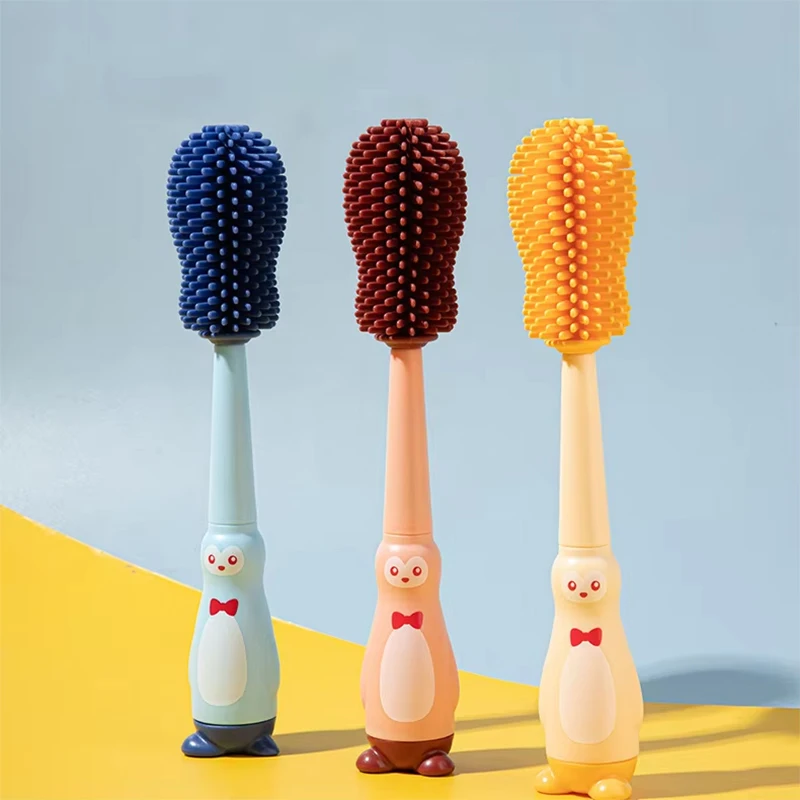 4 In 1 Set Baby Bottle Brush Multi-Fuction Cleaner Silicone Straw Pacifier Milk Bottle Cup 360 Degree Penguin Silicone Brush