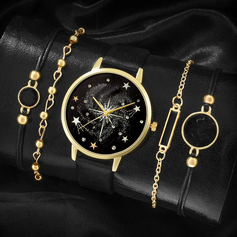 5PCS Set Women Fashion Watch Casual Leather Belt Watches Ladies Starry Sky Dial Quartz Wristwatches Dress Clock Montre Femme