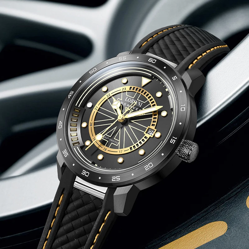 LOBINNI Orologio meccanico automatico da uomo nuovo Movimento MIYOTA Orologio da polso con cinturino in caucciù con specchio in zaffiro Orologio luminoso per il tempo libero