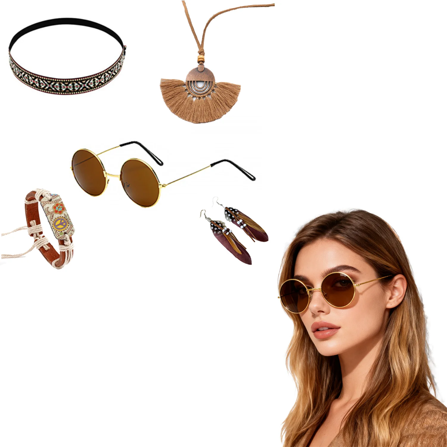 

PESENAR 60s 70s Costume for Disco Outfits Hippie Accessories Fringe Vest Boho Flared Pants Set for Halloween