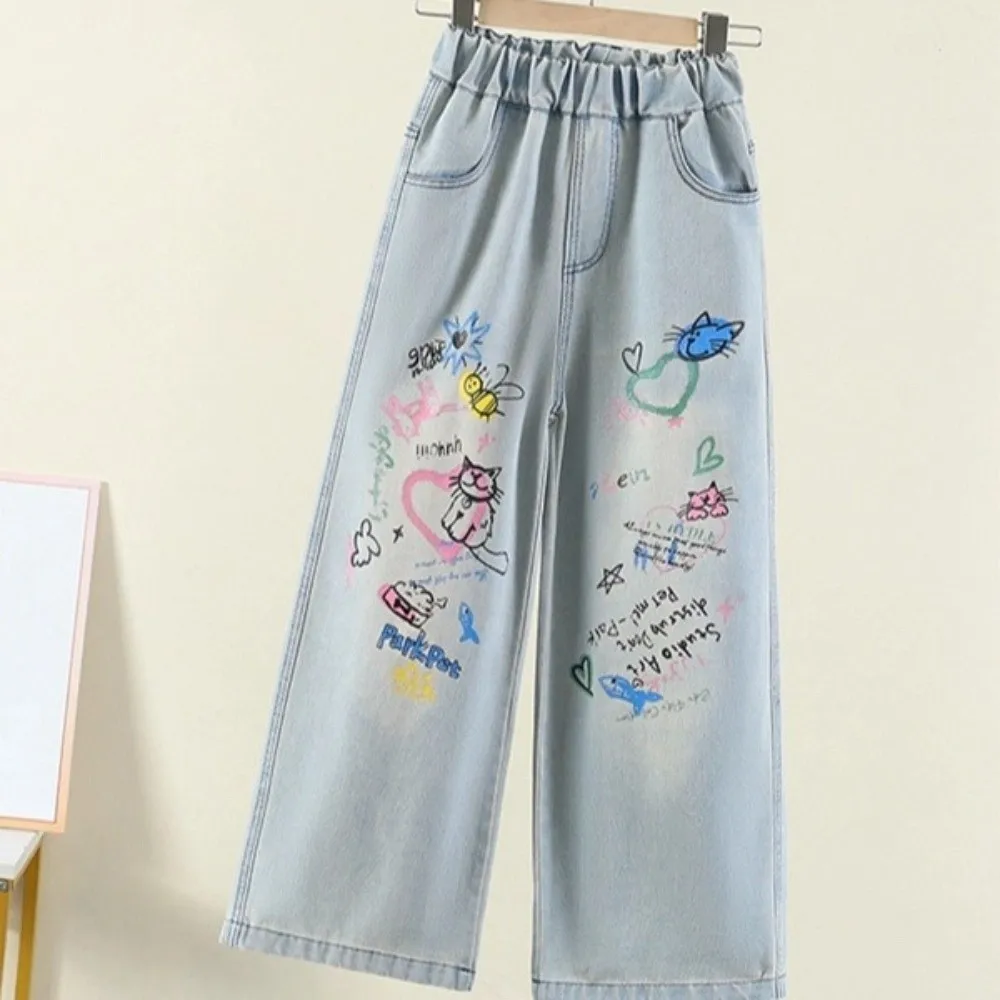 

Harajuku Straight Teen Girl Jeans Loose Graffiti Children Cartoon Jeans Streetwear Wide Leg Girls Denim Trousers Kids Children
