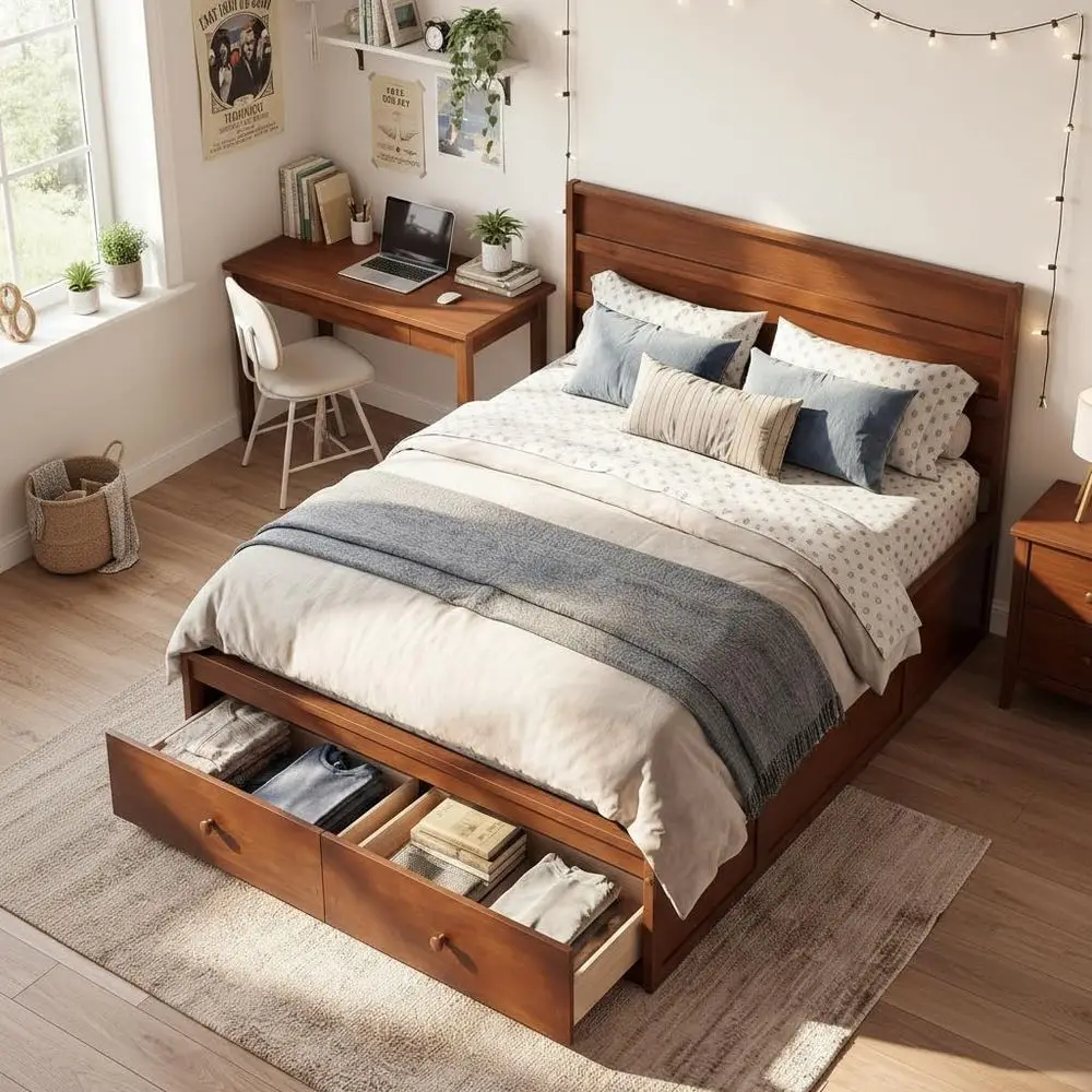 

Full Bed with 2 Drawers, Full Storage Bed with Solid Slats Support, Headboard and Footboard, Wood Bed Frame for Kids Teens and