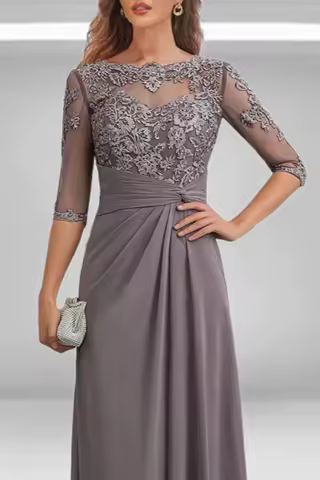 Modern Chiffon Mother of The Bride Dresses with Sleeves Lace Applique Long Formal Dress for Wedding Evening Party Dress