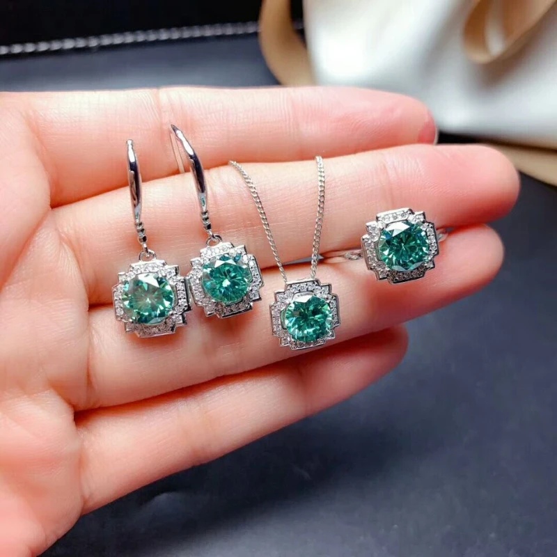 New 1 Carat Green Moissanite Jewelry Set 925 Silver Ring Earrings Pendant 3 Pieces Suits Wedding Jewelry for Women