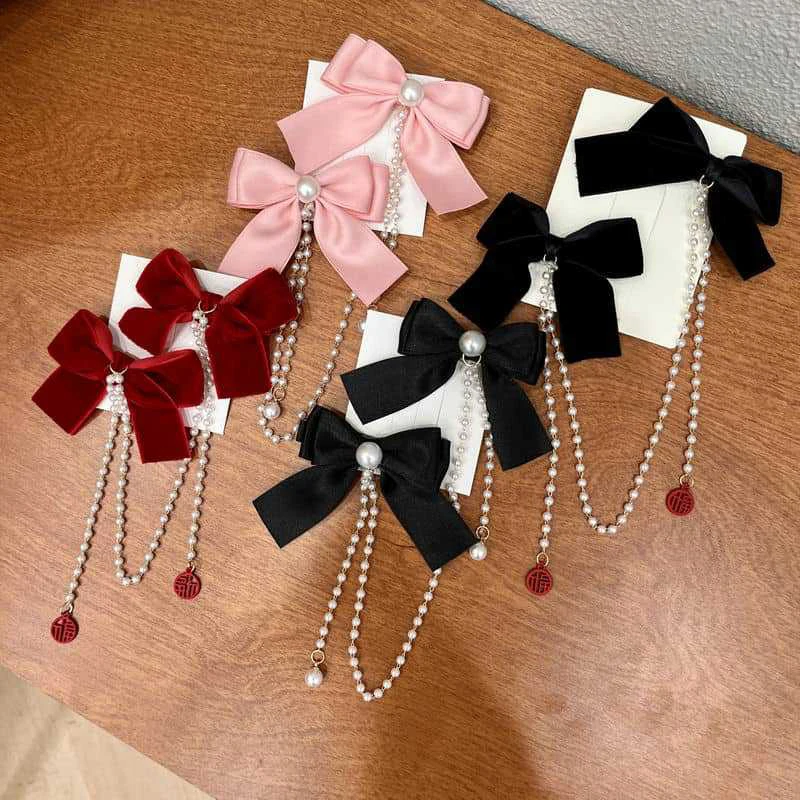 Elegant Pearl Bow Tassel Hair Clip Solid Velvet Hair Claw Children Princess Best Hairpins New Fashion Beauty Hair Accessories