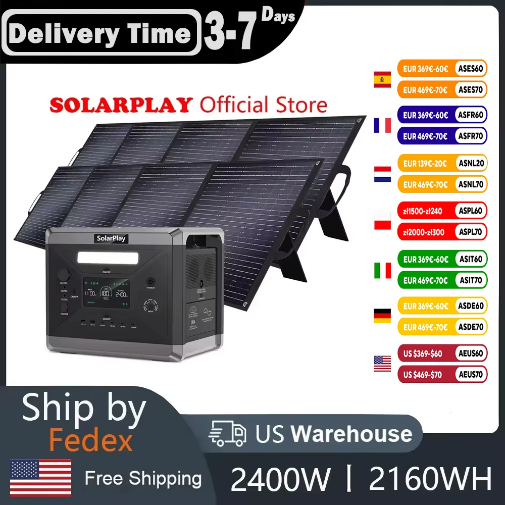 2400W/2160Wh Portable Power Station With Solar Panel Solar Generator with 4 AC Outlets (4800W Peak) Power Generator For Home Use