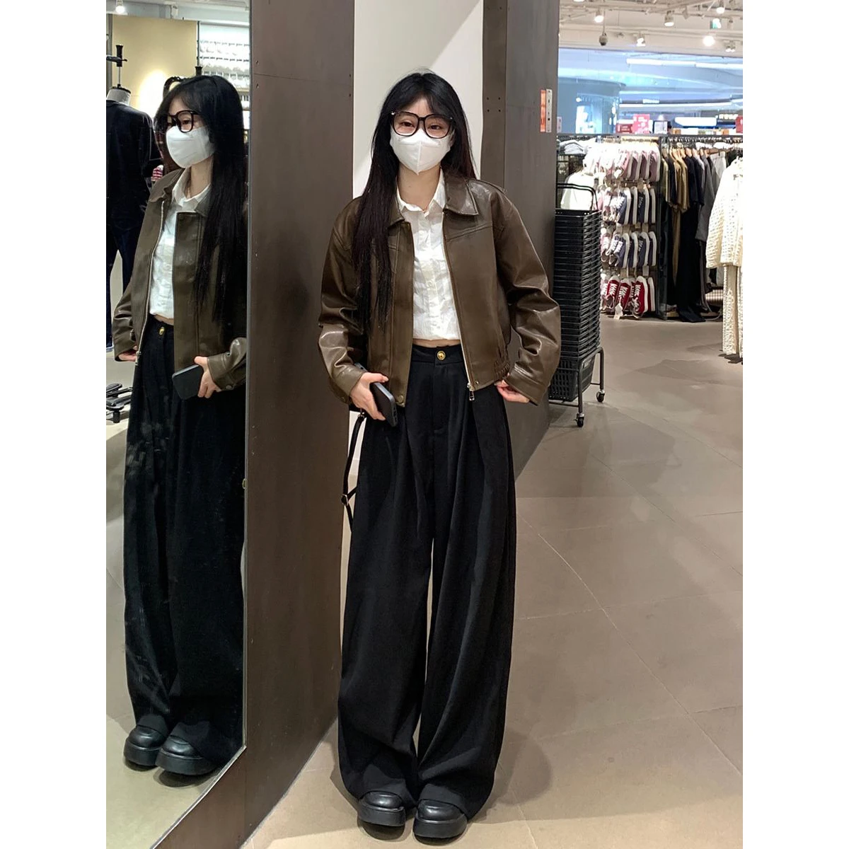 Premium Feel American Retro PU Leather Long Sleeve Jacket Women Loose Slimming Brown Coat Motorcycle Wear Autumn Fashion