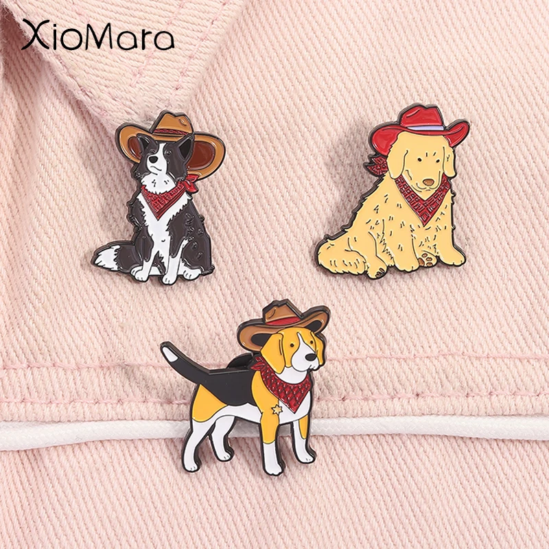 Cartoon Cowboy Pet Dog Enamel Pins Funny Golden Retriever Beagle Border Collie Brooches Lapel Badge Jewelry Gifts for Friends ﻿