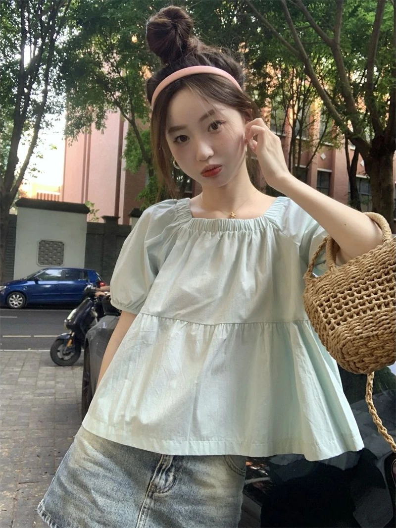 Blouses Women Light Green Sweet Short Sleeve Loose Square Collar French Style Folds Design Girlish Age-reducing Summer Simple BF