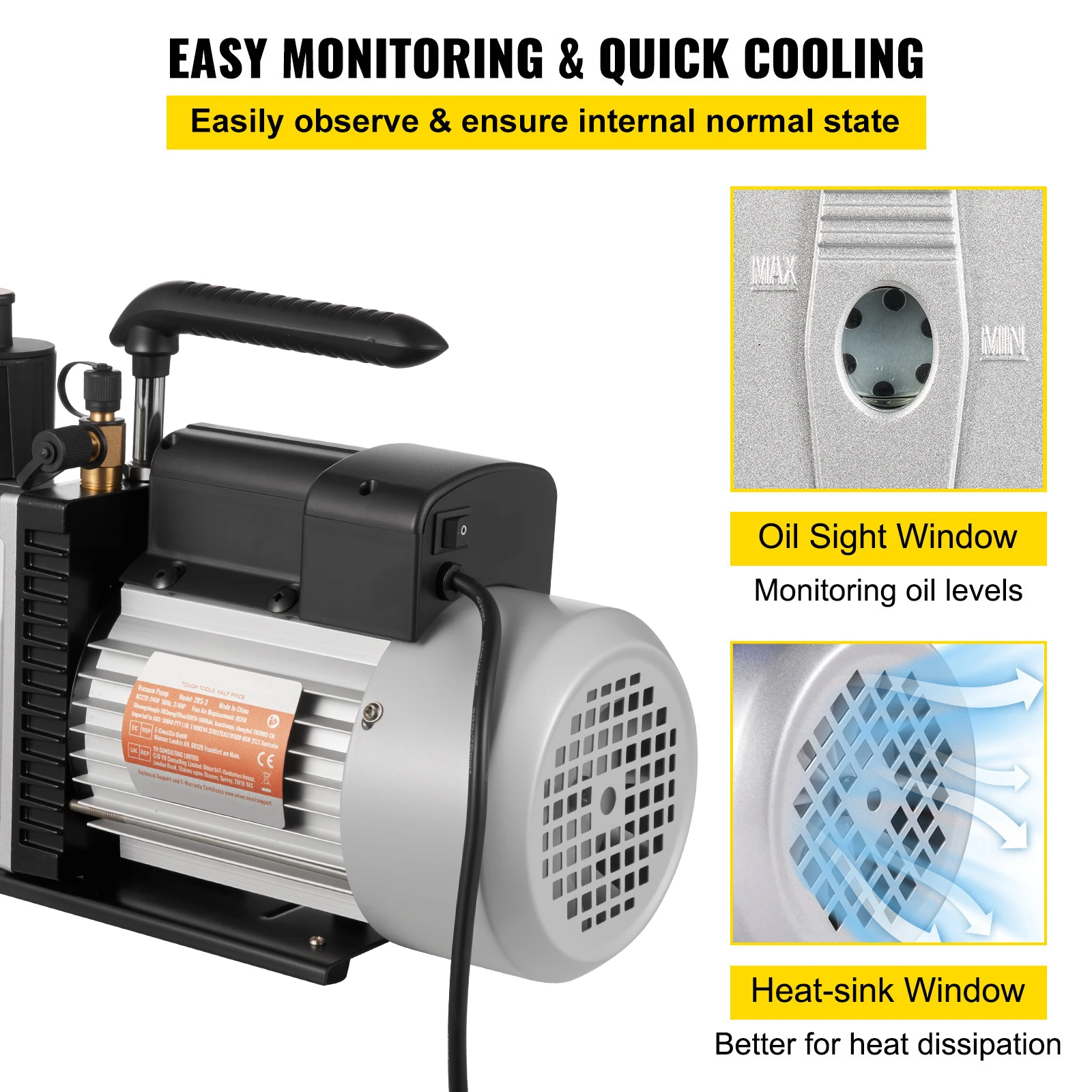 SucceBuy 8CFM 2단 로터리 베인 전문 진공 펌프(15Micron 3/4HP 1/4"플레어 3/8 SAE 1/2"ACME 입구) 에어컨용