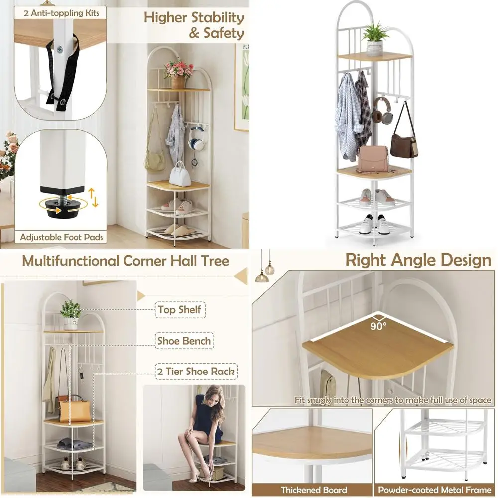 

Вешалка для одежды 71 с местом для обуви и скамейкой, 6 крючками, 4-ярусный органайзер для обуви для прихожей или гостиной (натуральный цвет)