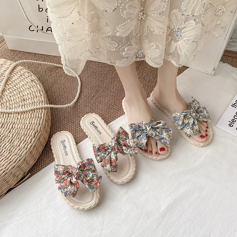 

Summer Slippers for Women Wear New Versatile Fairy Style Sweet Bow Flat Beach Sandy Sand