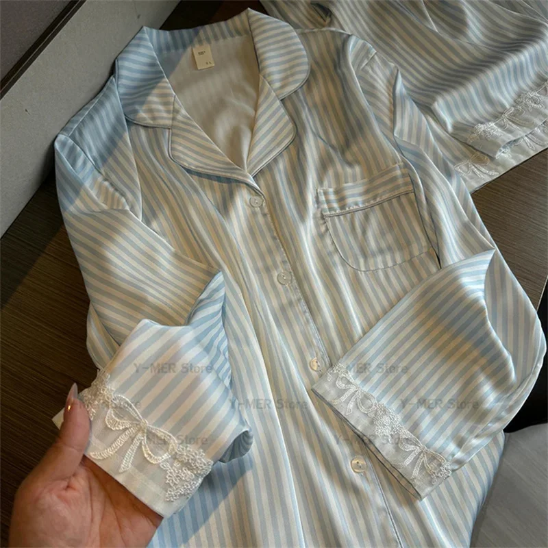 

Women New Pajamas Set Long-Sleeved Student Homewear Two-Piece Cardigan Lapel Senior Sense of Striped Home Clothes Outfit