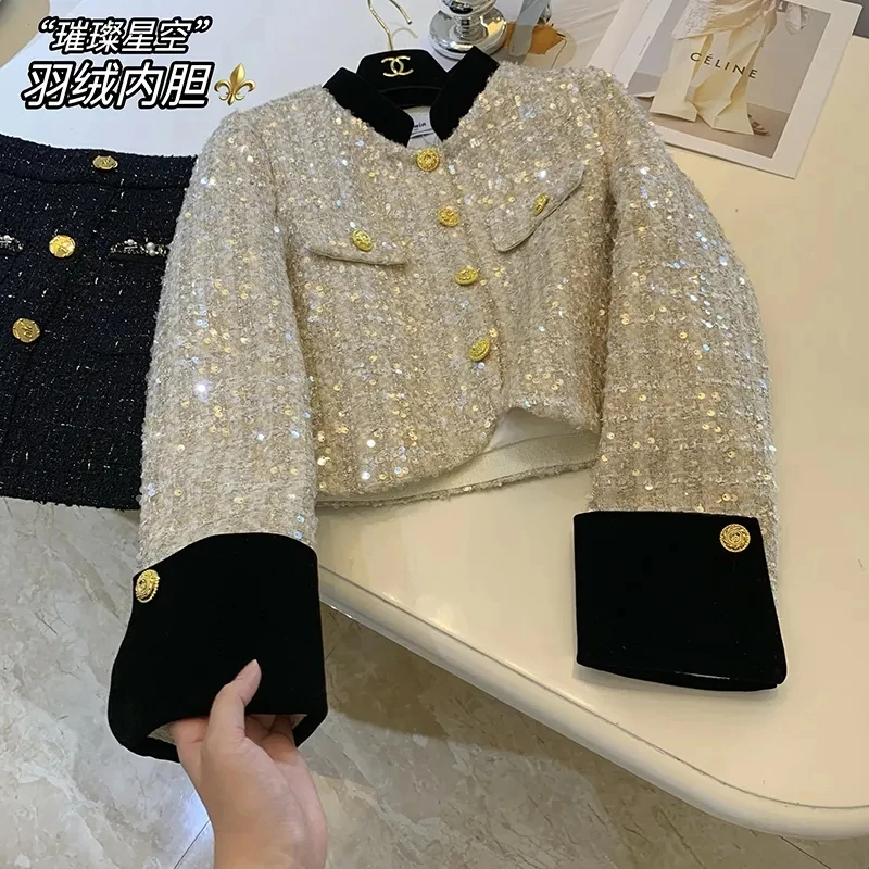 Small Fragrance Thick Coat Heavy Sequin Short Coat Lady 2024 Autumn and Winter New Single-Breasted Button Long Sleeve Tweed Top